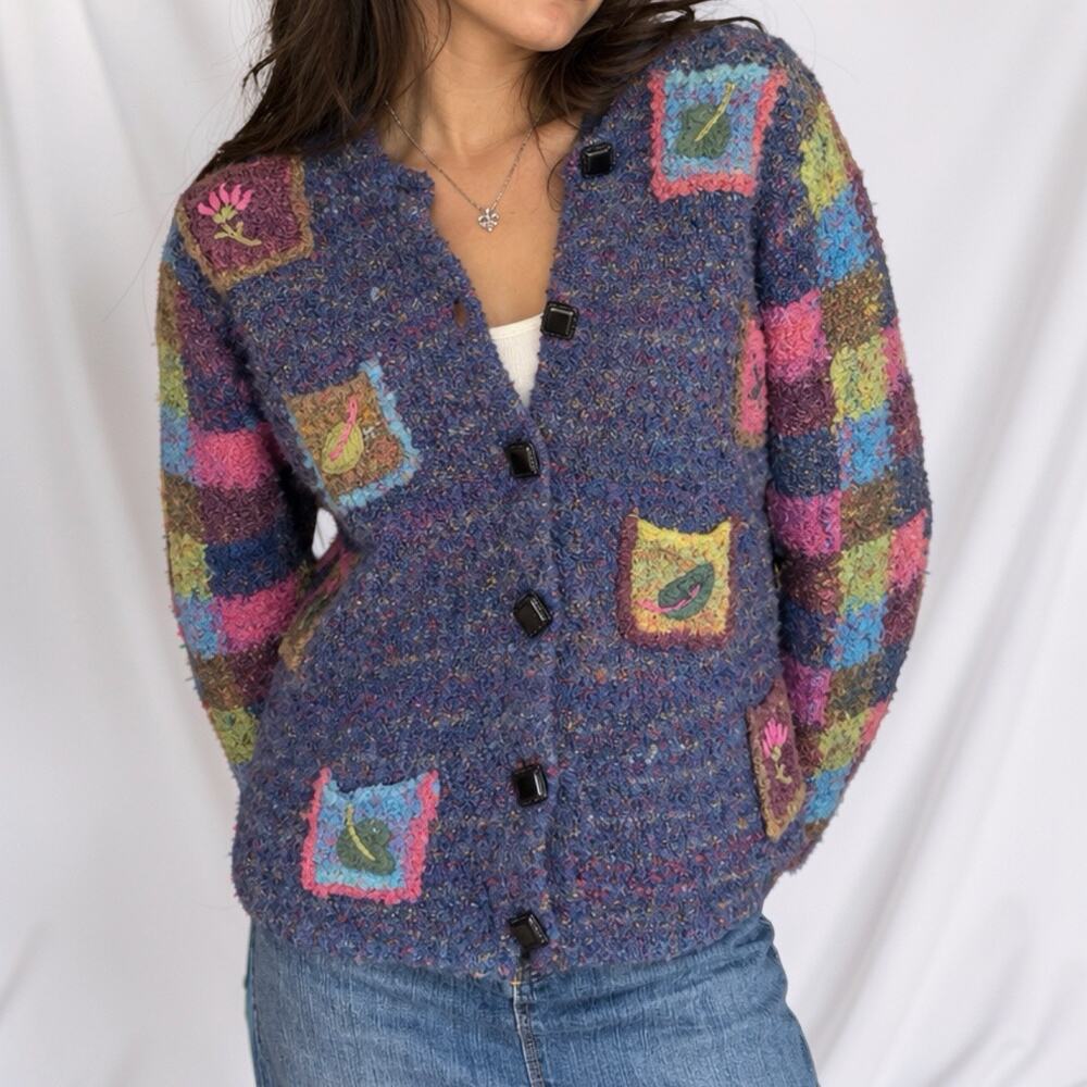 Vintage 90s PBJ Sport Embroidered Colorblock Knit Cardigan Small